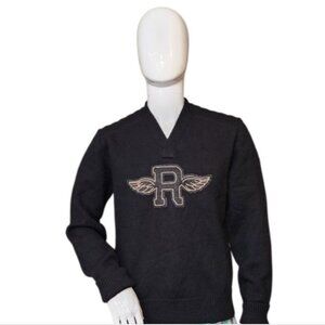 RALPH LAUREN Rugby "R" Wings Logo, Elbow Patches Wool Knit V-neck Sweater